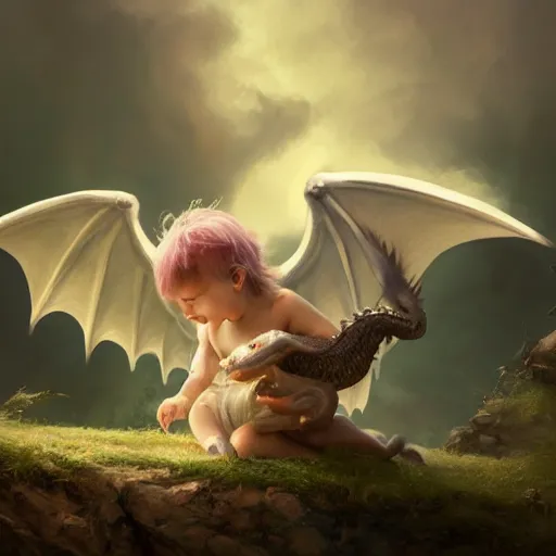 Image similar to a whimsical portrait of a little baby angel riding on a cute dragon pet by Greg Rutkowski, Sung Choi, Mitchell Mohrhauser, Maciej Kuciara, Johnson Ting, Maxim Verehin, Peter Konig, final fantasy, Marco lense, photorealistic 8k, cinematic lighting, HD, high detail, atmospheric, trending on artstation