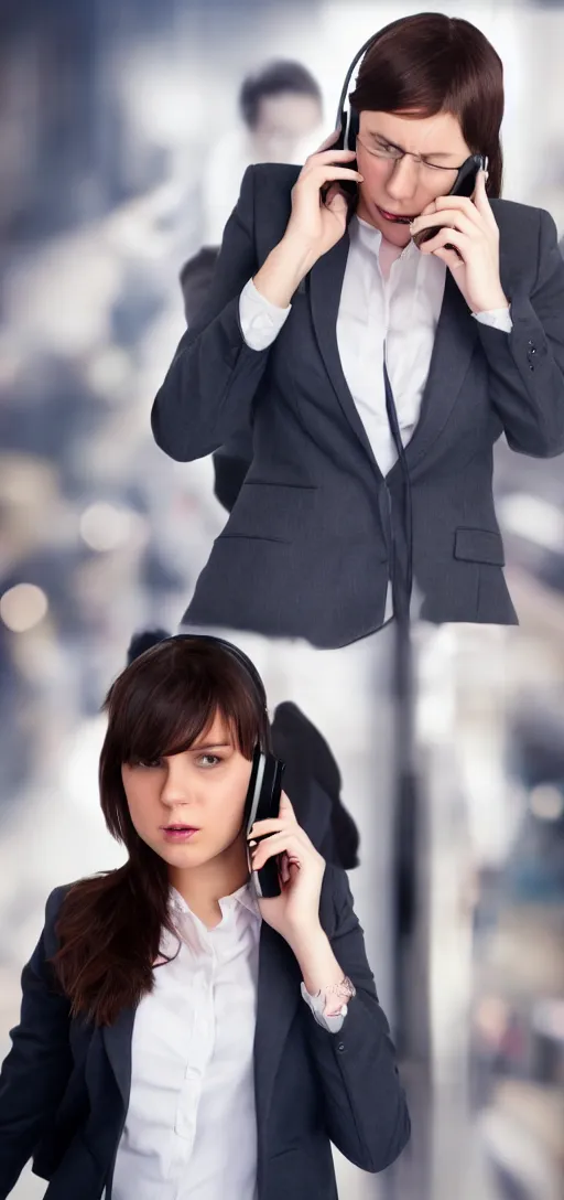 Prompt: girl on the phone, business clothing, movie poster style