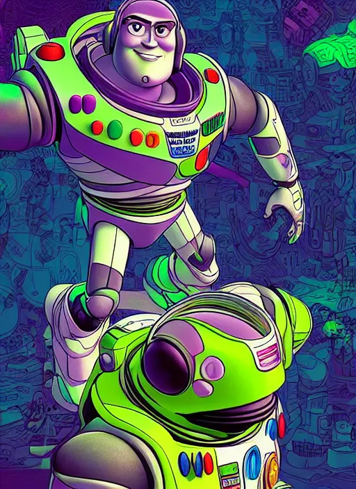 Image similar to portrait of buzz lightyear, an ultrafine detailed illustration by james jean, intricate linework, bright colors, final fantasy, behance contest winner, vanitas, angular, altermodern, unreal engine 5 highly rendered, global illumination, radiant light, detailed and intricate environment