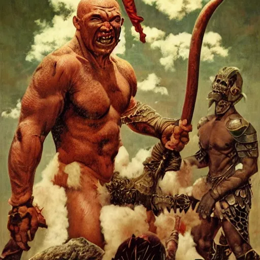 Image similar to grinning pit bull barbarian, fantasy warrior, drooling, ultra detailed, 4 k, style of norman rockwell, style of richard corben.