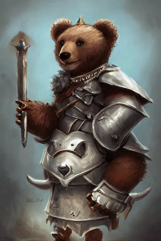 Image similar to cute little anthropomorphic bear knight wearing a cape and a crown, tiny, small, miniature bear, baby animal, short, pale blue armor, cute and adorable, pretty, beautiful, DnD character art portrait, matte fantasy painting, DeviantArt Artstation, by Jason Felix by Steve Argyle by Tyler Jacobson by Peter Mohrbacher, cinematic lighting