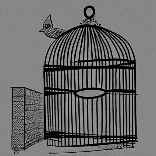 Prompt: cover art of a drawing of a bird in a cage, black and white