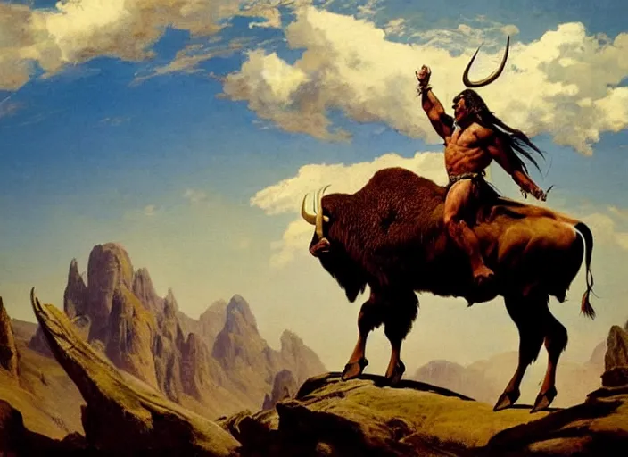 Image similar to willem dafoe as a native american riding bison, buffalo, native american warrior, mountain range, beautiful sky, standing on the edge of a cliff, 1 9 th century, painted by frazetta