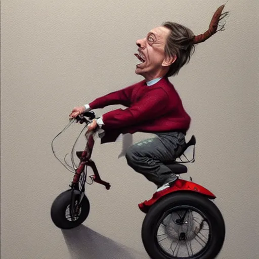 Prompt: hyper realistic absurd, silly, making faces, steve buscemi riding a tiny tricycle, painted by greg rutkowski, wlop, artgerm