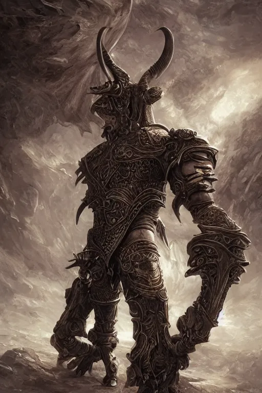 Prompt: ultra realist and ultra intricate detailed soft painting of a gigantic muscled minotaur wearing gothic ornamented armor pieces and claymore, in the jaw of a wyrm, symmetry features, sensual gloomy style, soft painting, volumetric clouds, cyberpunk background, artstation, Boris Vallejo artstyle, unreal render, depth of field