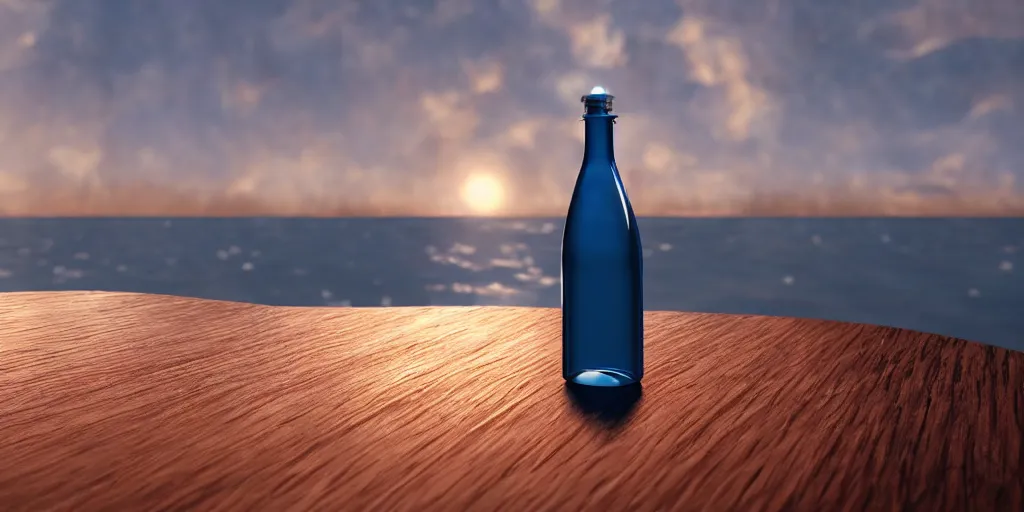 Image similar to a supernova inside a water bottle on a wooden table, hyperrealistic, concept art, octane render, unreal engine 5, trending on artstation, high quality, highly detailed, 8 k hdr, soft lighting, path traced, a beach at sunset in the background, bloom, high coherence, symmetrical, high contrast, digital art, serene landscape, cinematic