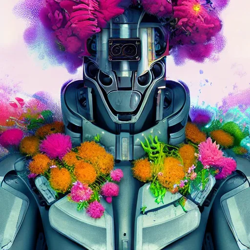 Prompt: ! closeup, underwater digital painting of a robot wearing a suit made of flowers, cyberpunk portrait by filip hodas, cgsociety, panfuturism, abstract expressionism, scribbles, made of flowers, dystopian art, vaporwave