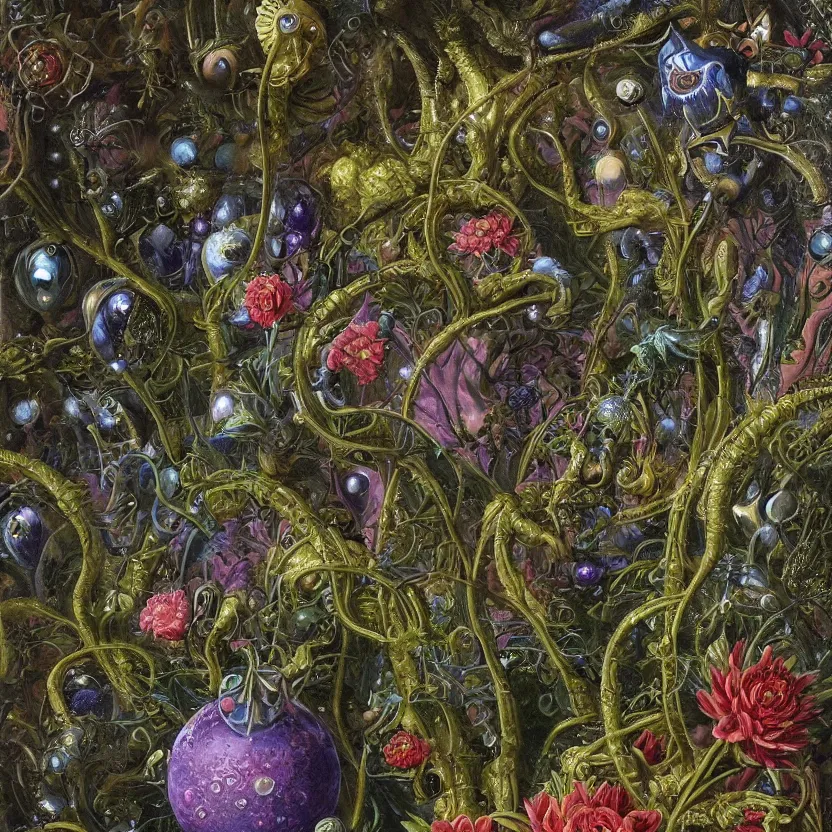 Image similar to close - up view of alien plants and flowers in a garden at night. decorated with foliage, faberge, and filigree. pulp sci - fi art for omni magazine. cosmic. baroque period, oil on canvas. renaissance masterpiece, by r. s. connett. highly detailed digital art