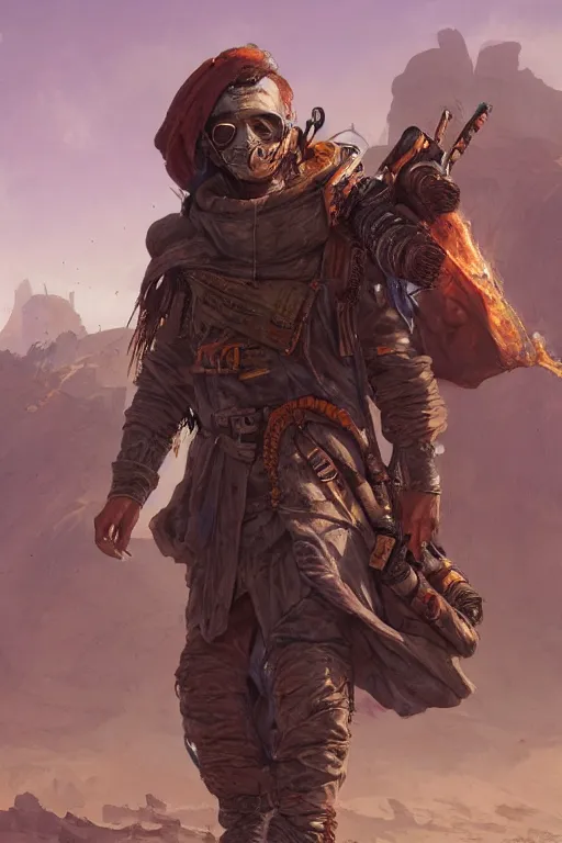 Prompt: postapocalyptic explorer, desert mage fighter full body, in full light, detailed outfit, bright details, concept art pose, darek zabrocki, noah bradley, incredible details, berberic clothes, desert fighter ancient mage