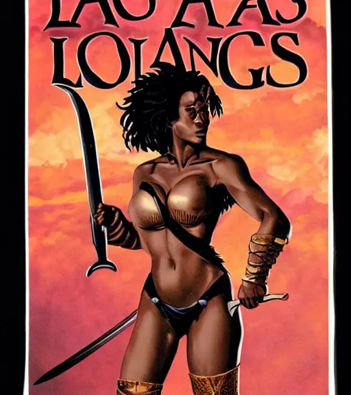 Prompt: 1 9 8 0 s fantasy novel book cover, amazonian la'tecia thomas in extremely tight bikini armor wielding a cartoonishly large sword, exaggerated body features, dark and smoky background, low quality print