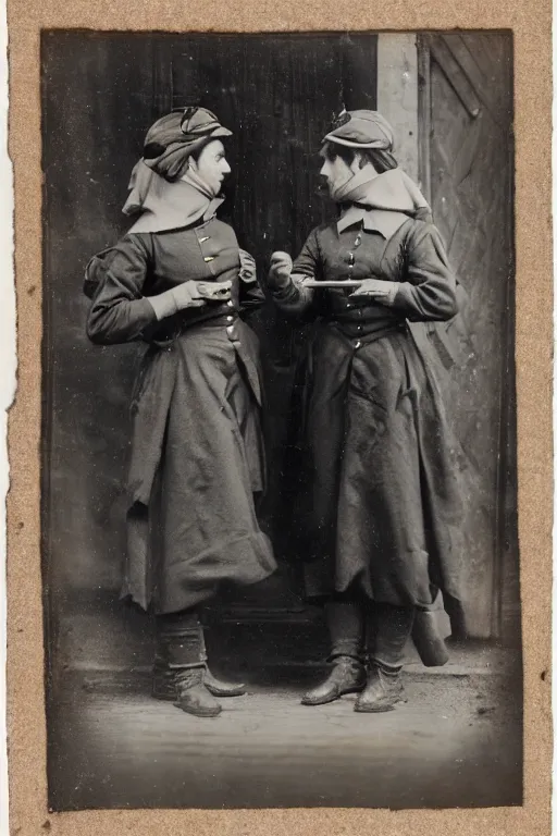 Image similar to two women soldiers in uniform gossiping, 1800s, photograph