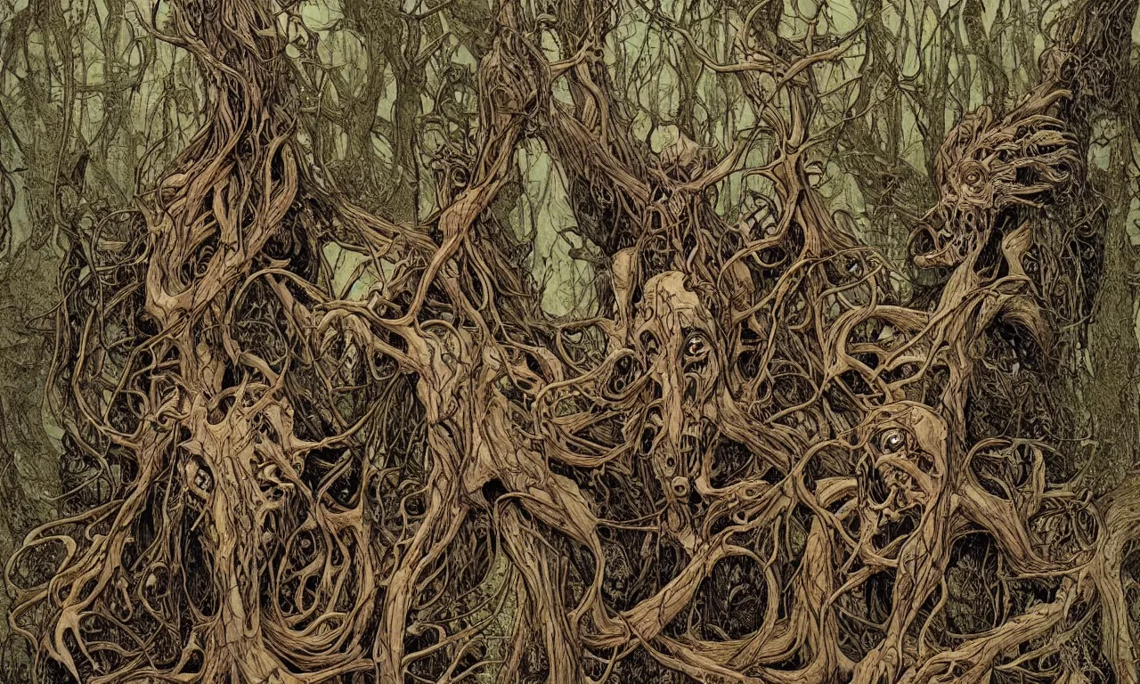 Image similar to hyperdetailed art nouveau portrait of treebeard and old groot as a cthulhu eyeball moose skull wendigo swamp thing cryptids, by michael kaluta, simon bisley and bill sienkiewicz, photorealism, claws, skeleton, antlers, fangs, forest, wild, bizarre, scary, lynn varley, lovern kindzierski, steve oliff