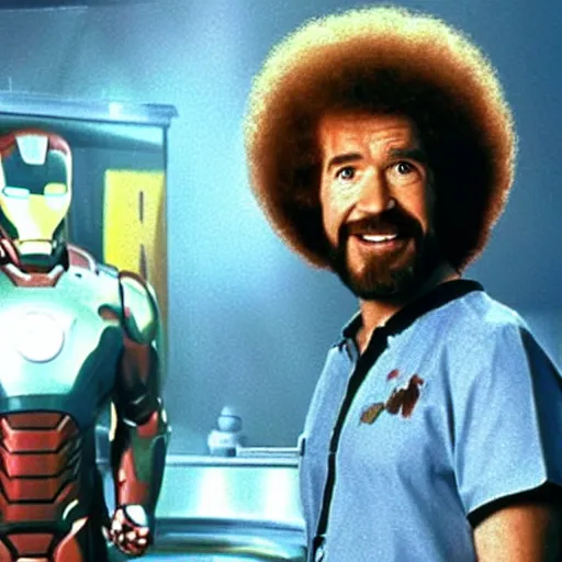 Prompt: a still of Bob Ross as Ironman