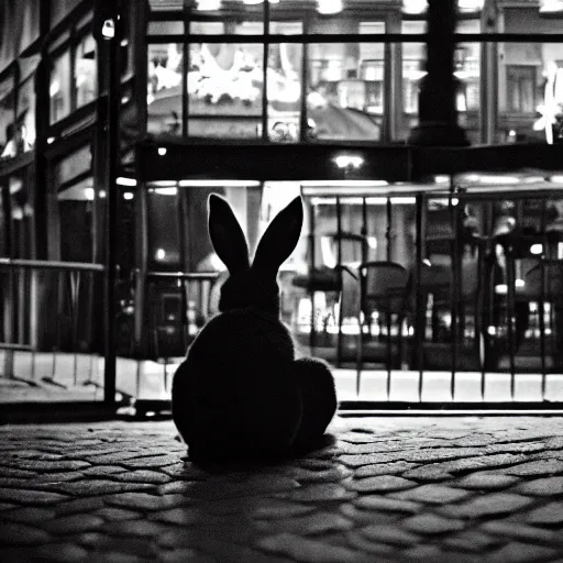 Image similar to a rabbit sitting outside a cafe in paris at night, the eiffel tower is visible in the background, black and white photograph