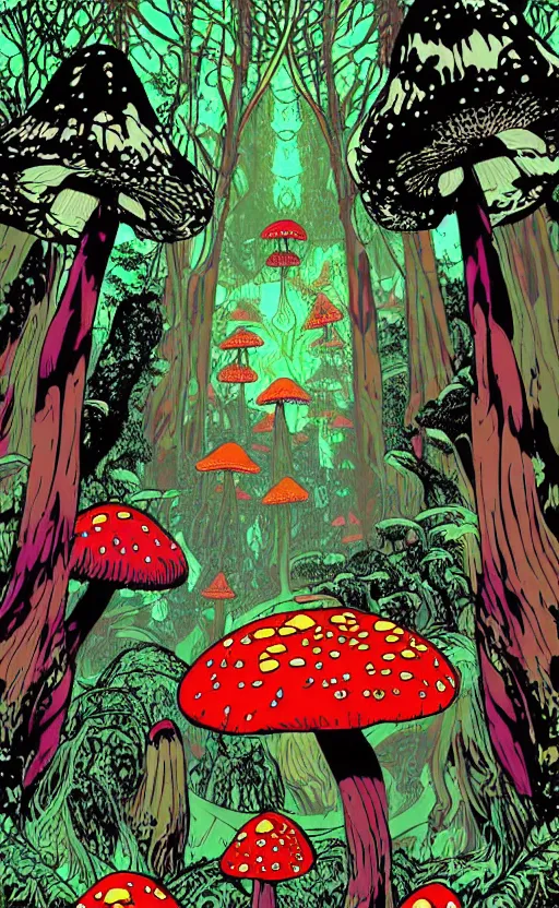 Prompt: psychedelic mushrooms wide angle shot, enchanted forest, white background, vector art, illustration by frank frazetta