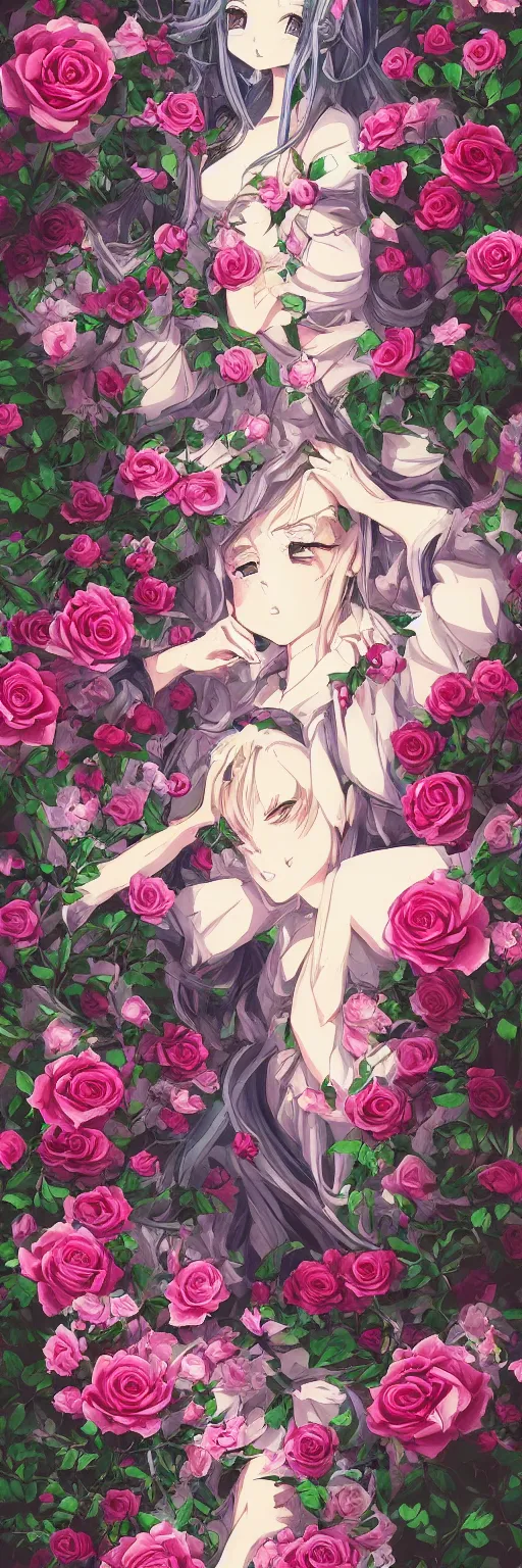 Image similar to Beautiful dream pictures, castle, roses, flowers,Very anime style, trending on art station