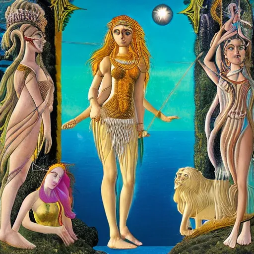 Image similar to sumerian goddess inanna ishtar, ashteroth, techno mystic goddess princess intergalactica, with aqua neon rapunzel dreadlocks, detailed, wearing seashell attire, crystal pathway to atlantis floating on the sea, by sandro botticelli