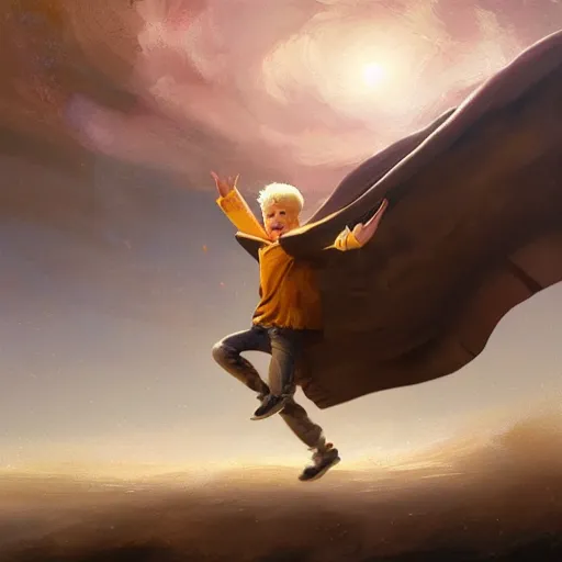 Image similar to blonde boy wearing a brown cape and flying in t pose, space background, realistic, oil painting, brush strokes, greg rutkowski