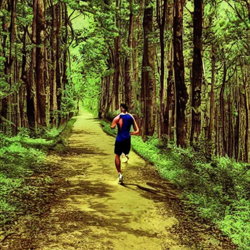 Prompt: a sporty guy runs alone through a forest with tall trees, art by Mike Deodato, acid-green sneakers, a shot from the back in perspective,