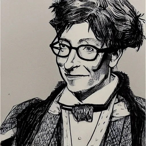 Image similar to Bill gates crossdressing in victorian gown, drawn in the style of yoji shinkawa, extremely detailed, detailed and realistic face