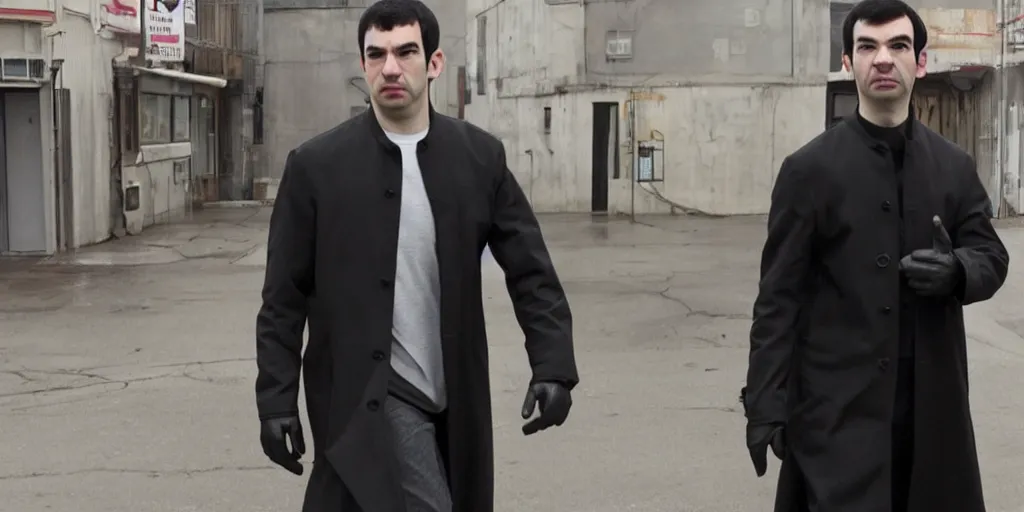 Prompt: nathan fielder dodging a bullet in the matrix, wearing a cool black coat, ultrarealistic, 4 k