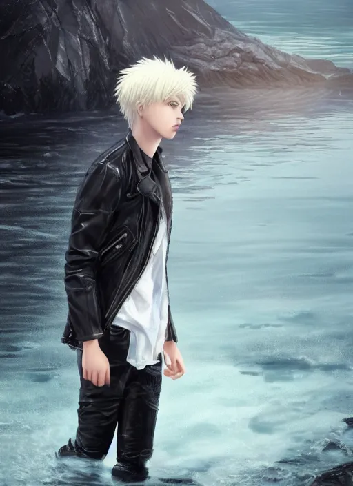 Image similar to beautiful teenage boy with platinum blonde hair and black wings walking on water, wearing leather jacket, beautiful, detailed portrait, cell shaded, 4 k, concept art, by wlop, ilya kuvshinov, artgerm, krenz cushart, greg rutkowski, pixiv. cinematic dramatic atmosphere, sharp focus, volumetric lighting, cinematic lighting, studio quality