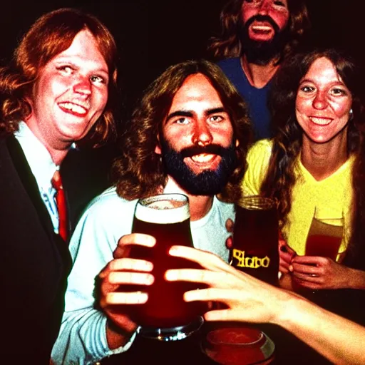 Prompt: jesus christ having a beer with some people at a party, detailed, symmetrical, flash photography, 7 0 s photo, kodachrome, analog film