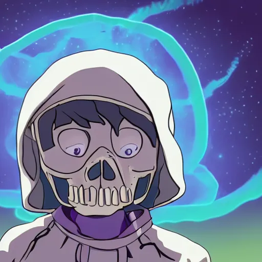 Image similar to cute little boy wearing an skull mask and dressed in an nun outfit in desert, purple color palette, artwork made in made in abyss art style, inspired in ddtank and hirohiko araki, ray tracing, soft details