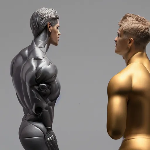 Image similar to a realistic detailed photo of a guy who is an attractive humanoid who is half robot and half humanoid, who is a male android, attractive and handsome soccer players, shiny skin, posing like a statue, blank stare, in a factory, on display, showing off his muscles, gold soccer shorts, side view, looking at each other mindlessly