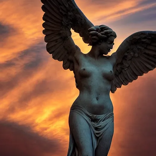 Image similar to venus, nike, the winged victory of samothrace statue made of cyan crystal on a rock in the clouds dramatic low light volumetric lighting epic puffy clouds torrents central composition stylised close up to ample soft touch lighting from the side by sunset portrait painting style