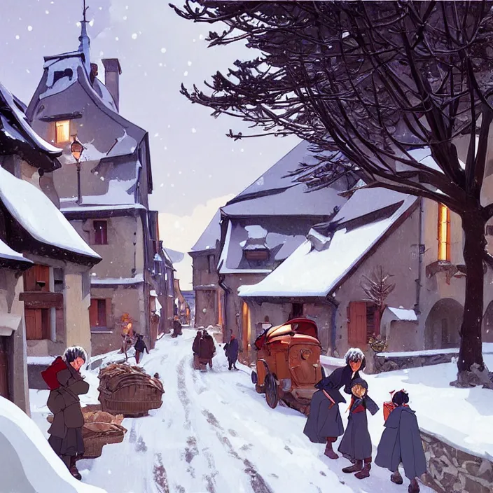 Image similar to french rural town, winter, in the style of studio ghibli, j. c. leyendecker, greg rutkowski, artem