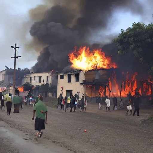 Image similar to village on fire. people run away of the place.