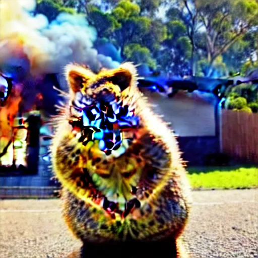 Image similar to a quokka laughing while a house is on fire in the background