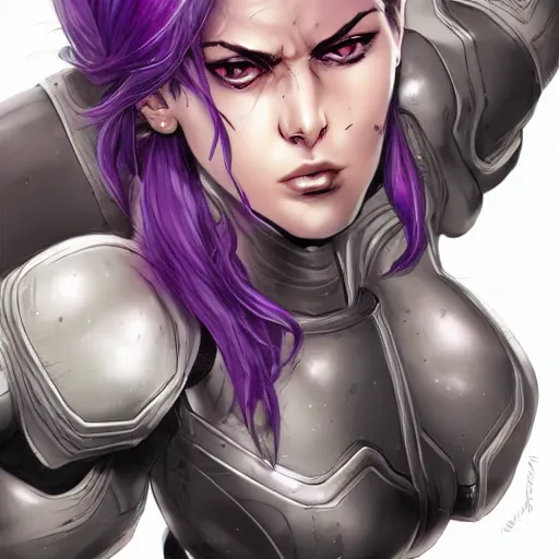 Image similar to extreme close up portrait, pale woman with flowing purple hair in rusty sci - fi power armor, high detail, eyepatch, stoic, elegant, muscles, powerful, commanding, by stjepan sejic, sunstone, dc comic, marvel comic