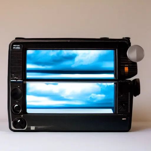 Prompt: a professional studio photograph ((((((((((((((((((((((of a 90s television and VHS combo playing a video)))))))))))))))))))))) of clouds, key light, 50mm, shallow depth of field, no artefacts