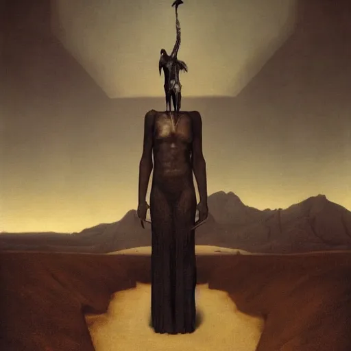 Prompt: Exterior Desert Oasis ripped physique demonic crow wearing a man costume giorgio de chirico Jan Van eyck bastien lecouffe-deharme odd nerdrum dragan bibin john steuart curry