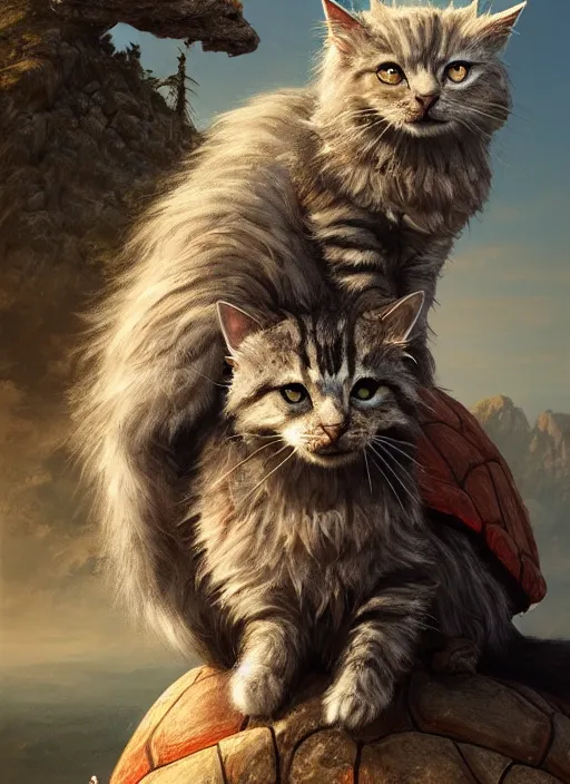 Image similar to Portrait of two scruffy haired cats on a tall mountain sitting on a turtle, realistic, detailed, 4k by Greg Rutkowski Mark Arian trending on artstation