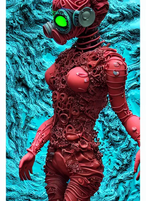Image similar to hyper detailed 3d render like a sculpture - profile subsurface scattering (a beautiful fae princess gas mask protective playful expressive from that looks like a borg queen wearing a vintage pannier ball gown) seen red carpet photoshoot in UVIVF posing in pool of turbulent water to Eat bite of the Strangling network of yellowcake aerochrome and milky Fruit and His delicate Hands hold of gossamer polyp blossoms bring iridescent fungal flowers whose spores black the foolish stars by Jacek Yerka, Ilya Kuvshinov, Mariusz Lewandowski, Houdini algorithmic generative render, golen ratio, Abstract brush strokes, Masterpiece, Victor Nizovtsev and James Gilleard, Zdzislaw Beksinski, Tom Whalen, Mark Ryden, Wolfgang Lettl, Grant Wood, octane render, 8k, maxwell render, siggraph