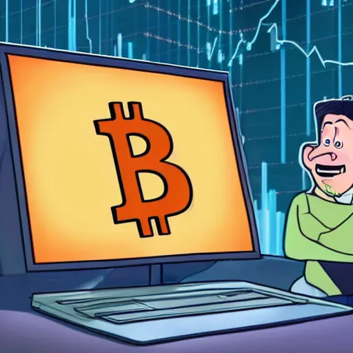 Prompt: a man lookin bitcoin price chart in computer, pixar movie