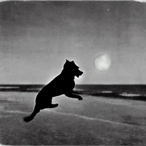 Image similar to an early 1 9 0 0 s photograph of a luminescent black dog levitating high over the beach, magical orbs, moonlight, nighttime