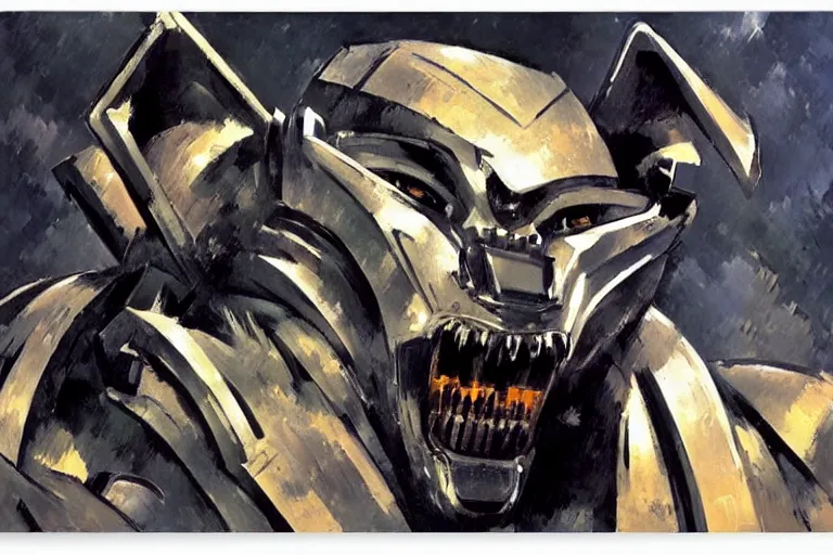 Image similar to face of a ferocious bionic werewolf robot with sharp teeth by Paul Cezanne by Syd Mead