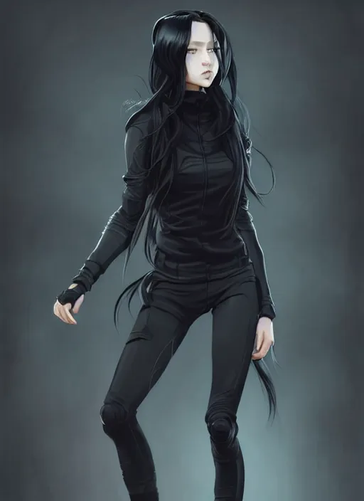 Prompt: full body portrait of long black hair girl within a techwear. cynical face, concept art, character illustrations, intricate, highly detailed 8 k, smooth, sharp focus, beautiful and aesthetic shape of face and body, artgerm, artstation, art by zexi guo and nira and junpei suzuki and gharliera and rinotuna