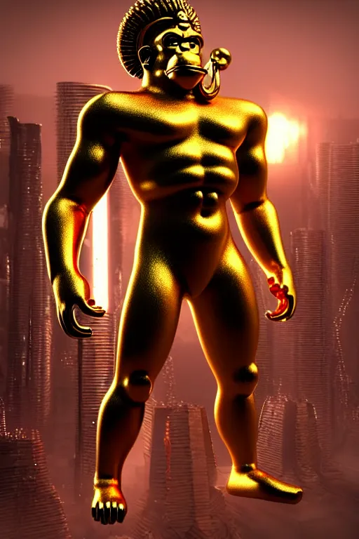 Image similar to high quality 3 d render cyborg gold hanuman! with nose piercings, cyberpunk highly detailed, mumbai in the background, unreal engine cinematic smooth, in the style of blade runner & solaris, hannah yata charlie immer, moody light, low angle, uhd 8 k, sharp focus