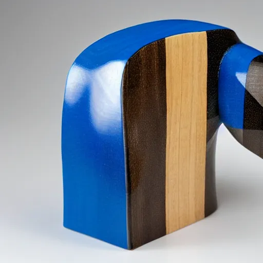 Image similar to a beautiful!!!!! minimalist curvy shaped small sculpture of hippopotamus!!!, ( ( wood ) ) and ( ( blue epoxy ) ), cubic blocks mix stripes cuts, side view profile centered