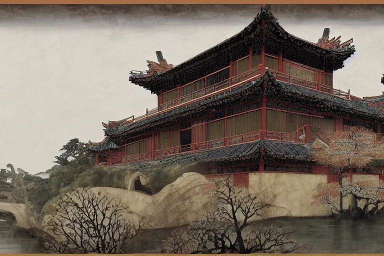 Prompt: in the rain, some ancient chinese houses, bridge, river mysterious and serene landscape, clouds, by sandro botticelli, trending on artstation