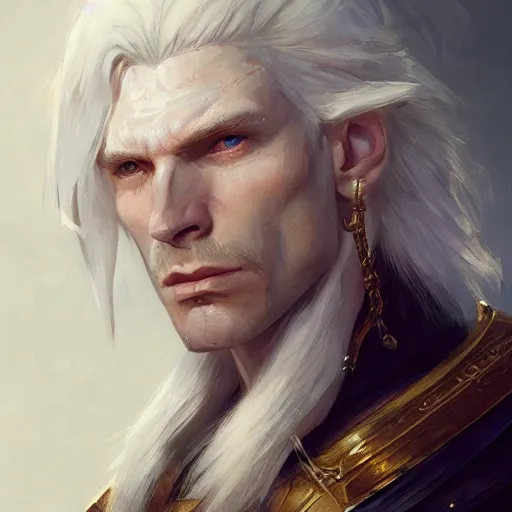 Prompt: character design, portrait of a attractive male with pale skin, long white hair and proeminent cheekbones, medieval, dark armor, painting by wlop, nixeu and greg rutkowski, beautiful, semirealism, artstation, octane render, sharpness, 8 k, golden ratio