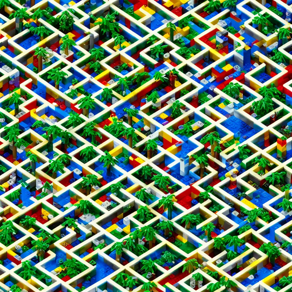 Image similar to wimmelbilder maze made of lego, isometric, octane render, Lego palm trees, unreal engine