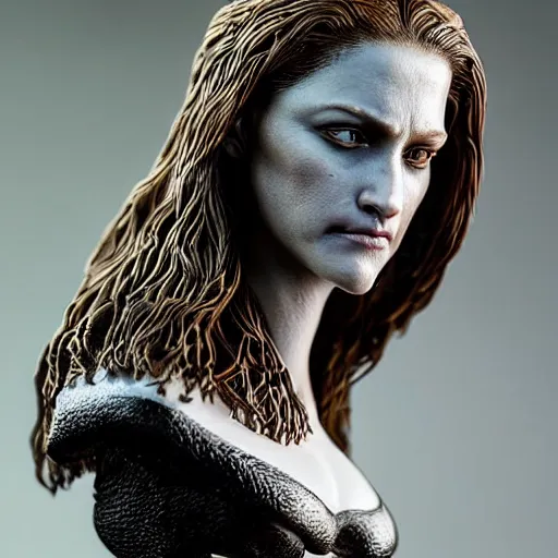 Image similar to photo taken of an epic intricate, ultra detailed, super realistic bust of a majestic gracious regal aristocratic brunette female vampire created by weta workshop, menacing, some zoomed in shots, photorealistic, sharp focus, white wall, extremely cold blueish colour temperature, 3 5 mm, f 1. 4, golden ratio