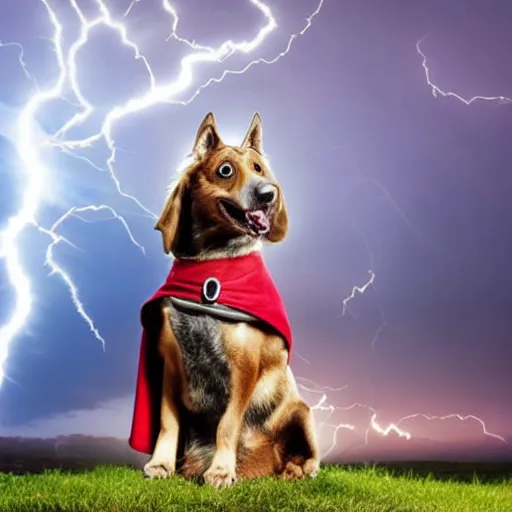 Image similar to a canine thor holding hammer with its paw, dramatic lightning background