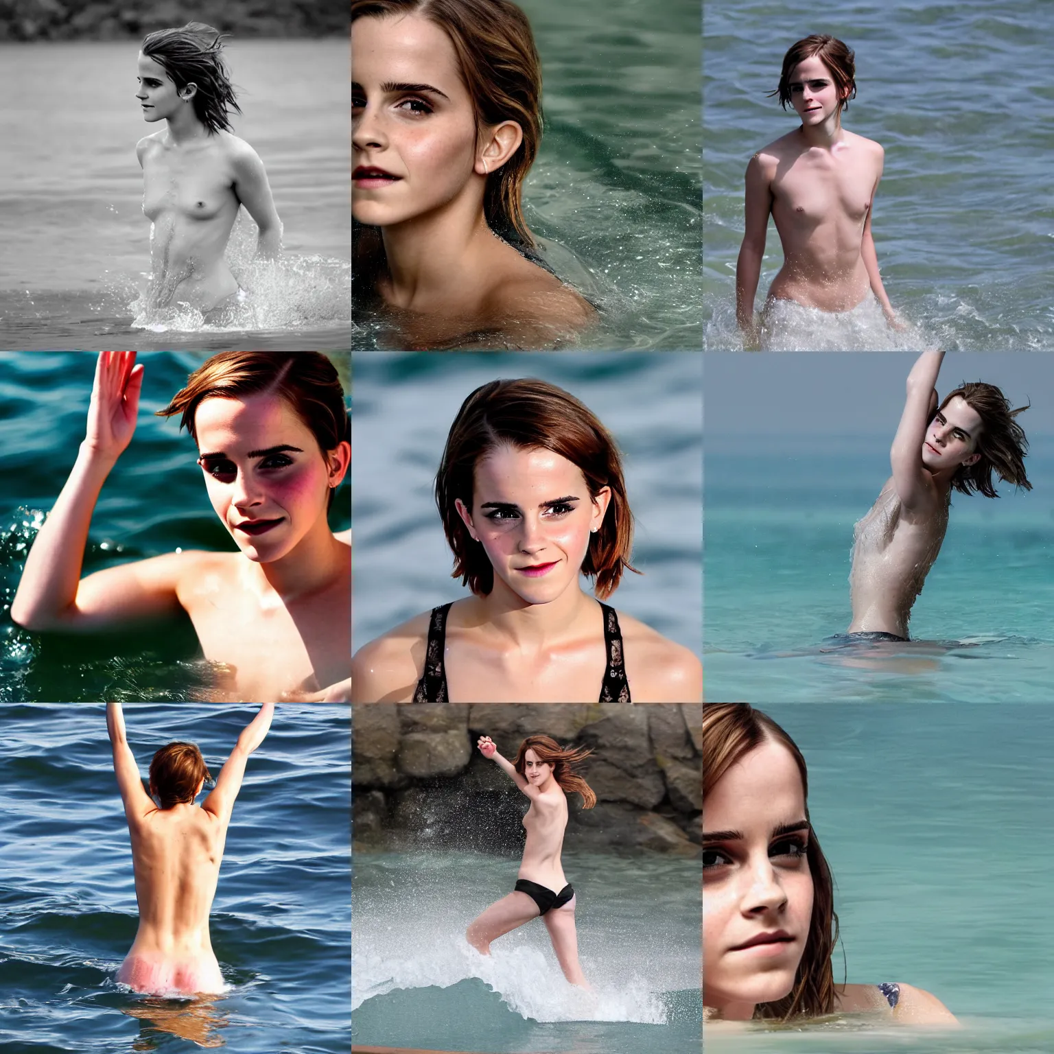 Prompt: photograph, high resolution, of emma watson coming out of the water taken by oxana gromova, fess